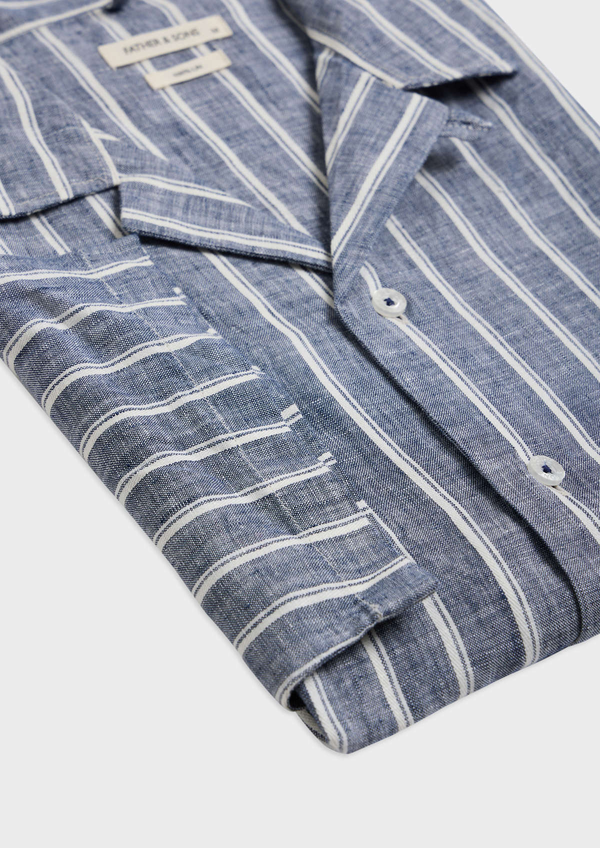 Chemise manches courtes Slim en popeline de lin bleu jeans à rayures blanches