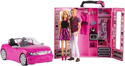 Barbie Dukker - Sæt Med Convertible Bil Og Klædeskab