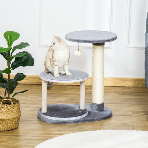 Arranhador PawHut com caverna, cinza, para gatos de pequeno porte.