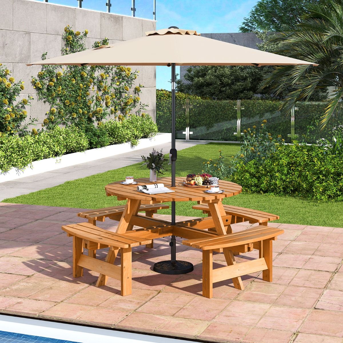 Ensemble Table de Pique-Nique en Bois pour 2 à 8 Personnes Set Table et Banc Circulaire avec 4 Bancs Intégrés Trou de Parasol de 5cm Marron/Jaune - Lidl-Manfred