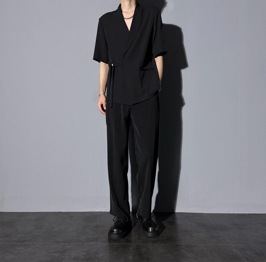 Wewewow - Set: Effen blazer met elleboogmouwen + Rechte pantalon