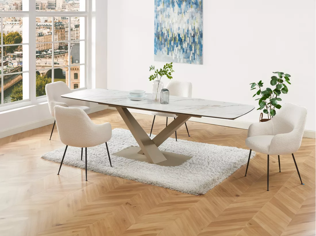 Table à manger extensible 6 à 10 personnes en verre trempé, céramique et métal - Effet marbre blanc et beige - MALATA de Maison Céphy