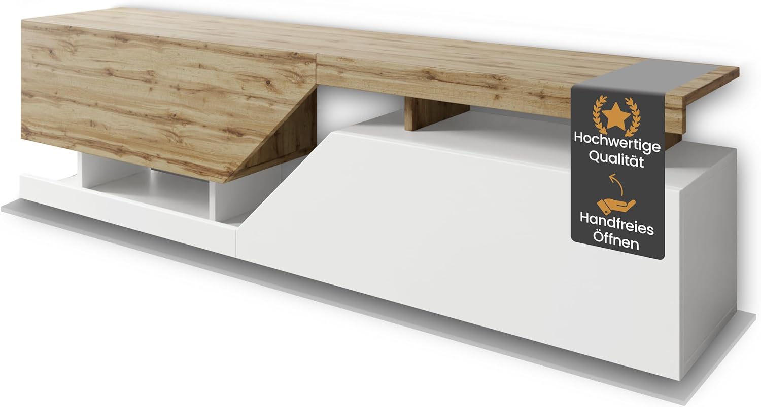 Mirjan24 TV Lowboard Nesezi, Grifflose Öffnen, 2 Klappen/Türen, TV Board Sideboard, Unterschrank, Fernsehschrank, TV Tisch, Fernsehtisch (Wotan/Weiß)