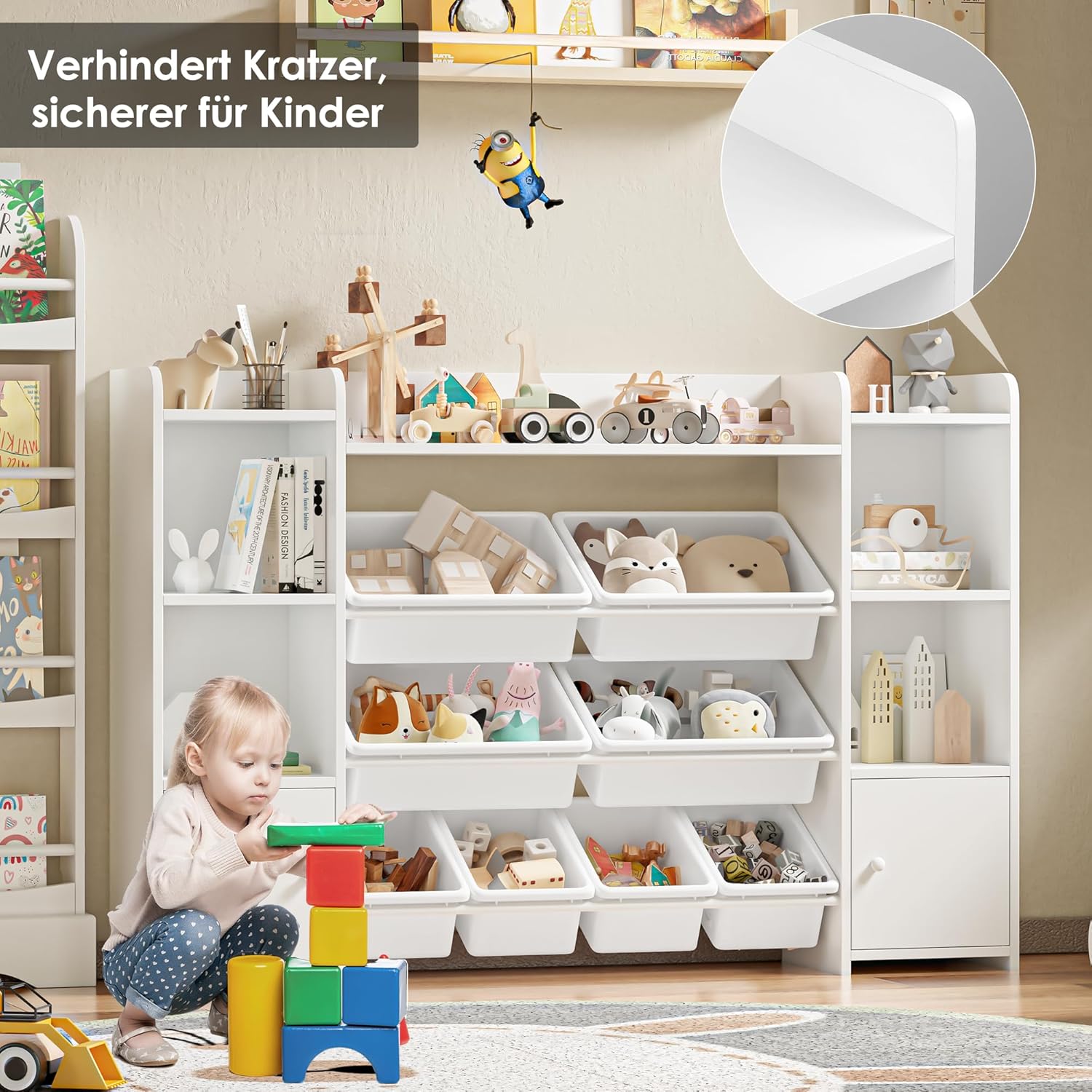 FOREHILL Kinderregal mit 8 Boxen Kinderschrank Holz Bücherregal für Kinder Aufbewahrungsbox Kinderzimmer Möbel mit Spielzeugkiste 138,8 x 94,3 x29,6 cm weiß