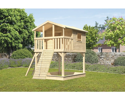 Speeltoren/speelhuis Karibu Benjamin, 198 x 244 cm, van hout, bestaande uit een houten helling