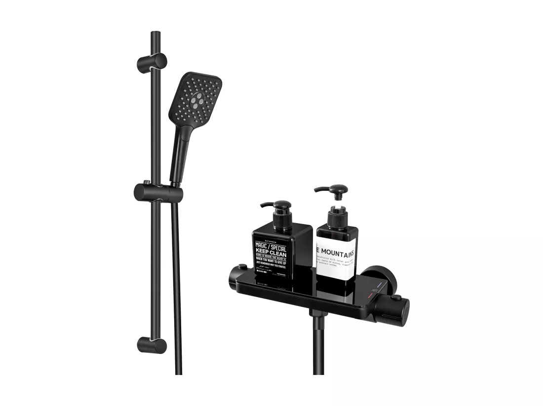 2PCS Lonheo max Élégant Ensemble de Douche avec Etagère et Douchette à Main 3 Fonctions, Noir Colonne de Douche Thermostatique avec 38°C Mitigeur