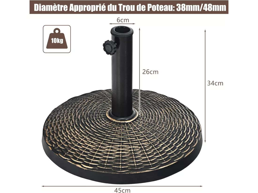 Base/Pied de Parasol Ronde de Patio en Résine 45 cm Résistant aux Intempéries pour Poteaux de Φ 38/ 48 mm Jardin, Plage