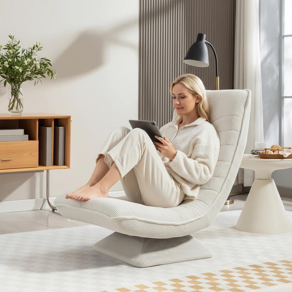 Sessel Wohnzimmer Verstellbare Rückenlehne, 360° Drehbar Gemütlicher Cord Bodenstuhl, Keine Montage Erforderlich Gaming Bodensofa Klappbar, 150kg Belastbarkeit Relaxsessel, Lesesessel, Beige