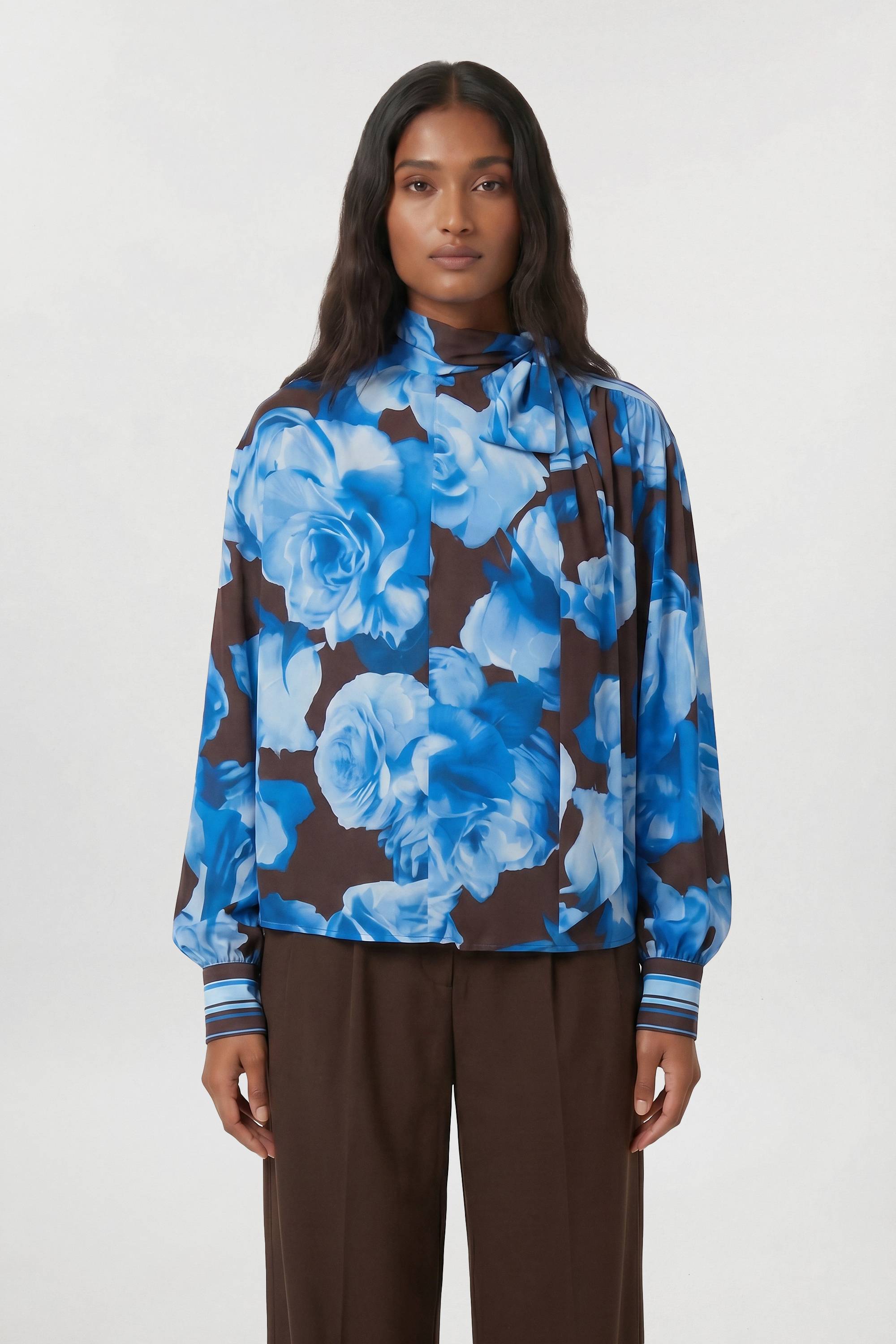 KarenMillen Chemisier En Viscose Tissée À Imprimé Floral Bleu Avec Rayures Contrastées