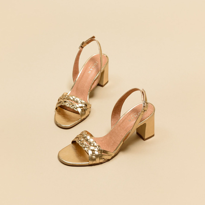Sandales tressées à talons  en cuir métallisé or