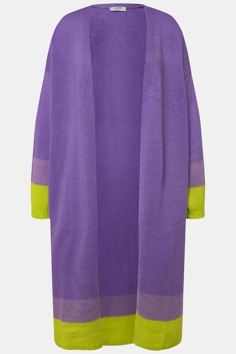 Long-Strickjacke, offene Form, farbige Abschlüsse, Ballonärmel