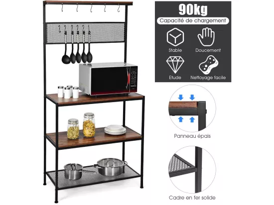 Etagère pour four à micro-ondes support avec 11 crochets et 1 panneau en grille rangement