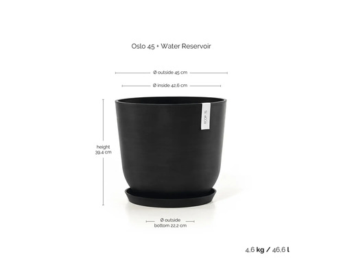 Ecopots Oslo kunststof bloempot, Ø 42,6 cm, 45 x 45 x 39,4 cm, donkergrijs
