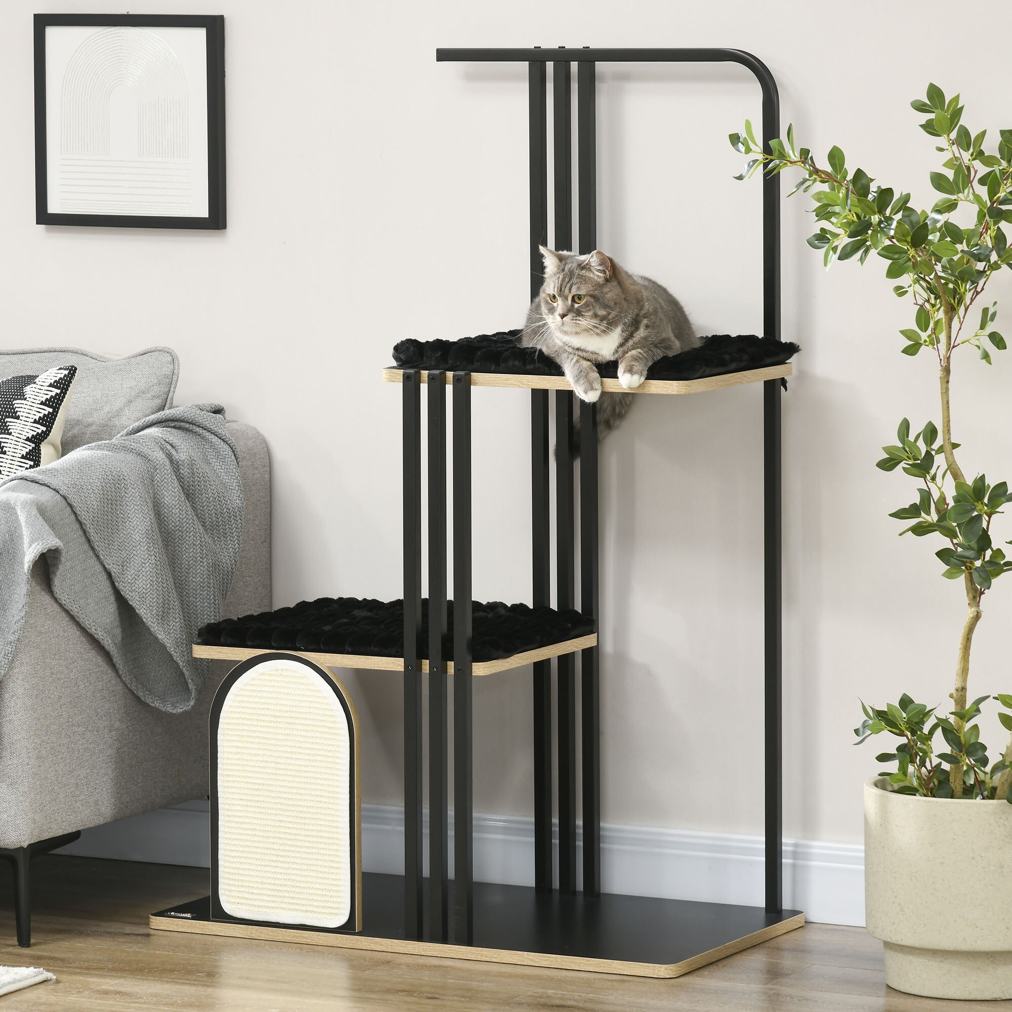 PawHut Kratzbaum mit Kissen und mehrere Ebenen schwarz 85L x 48B x 128H cm
