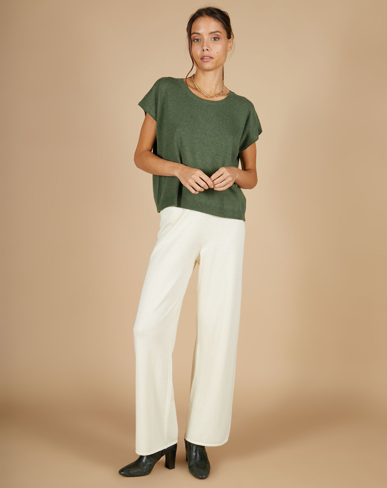 Cashmere Tribu Pantalon en Coton & Cachemire Salomé blanc cassé
