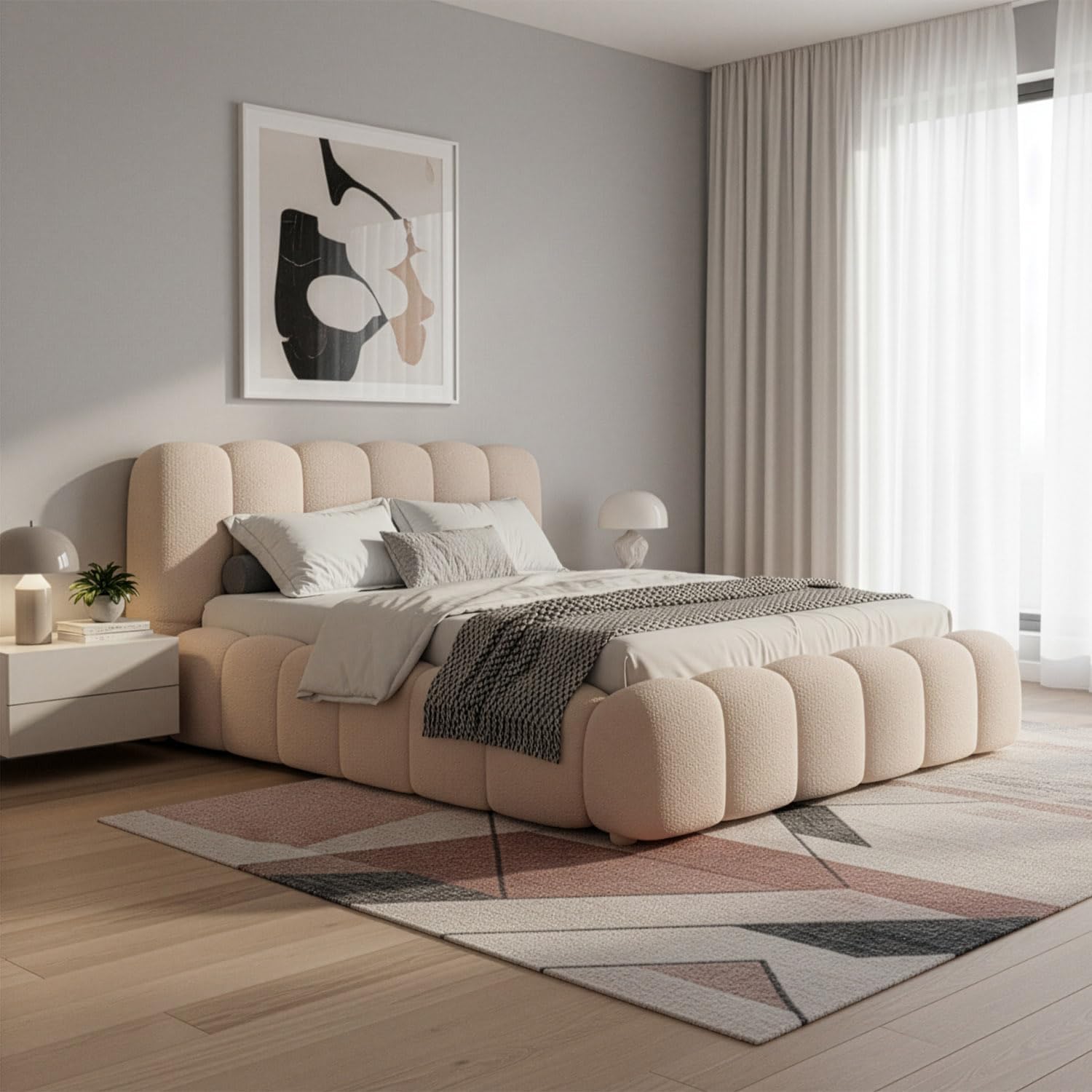 Juskys Polsterbett Catania - Modernes Bubble Design, gepolstertes Kopfteil, stabile Kontruktion- 140 x 200 cm - Beige