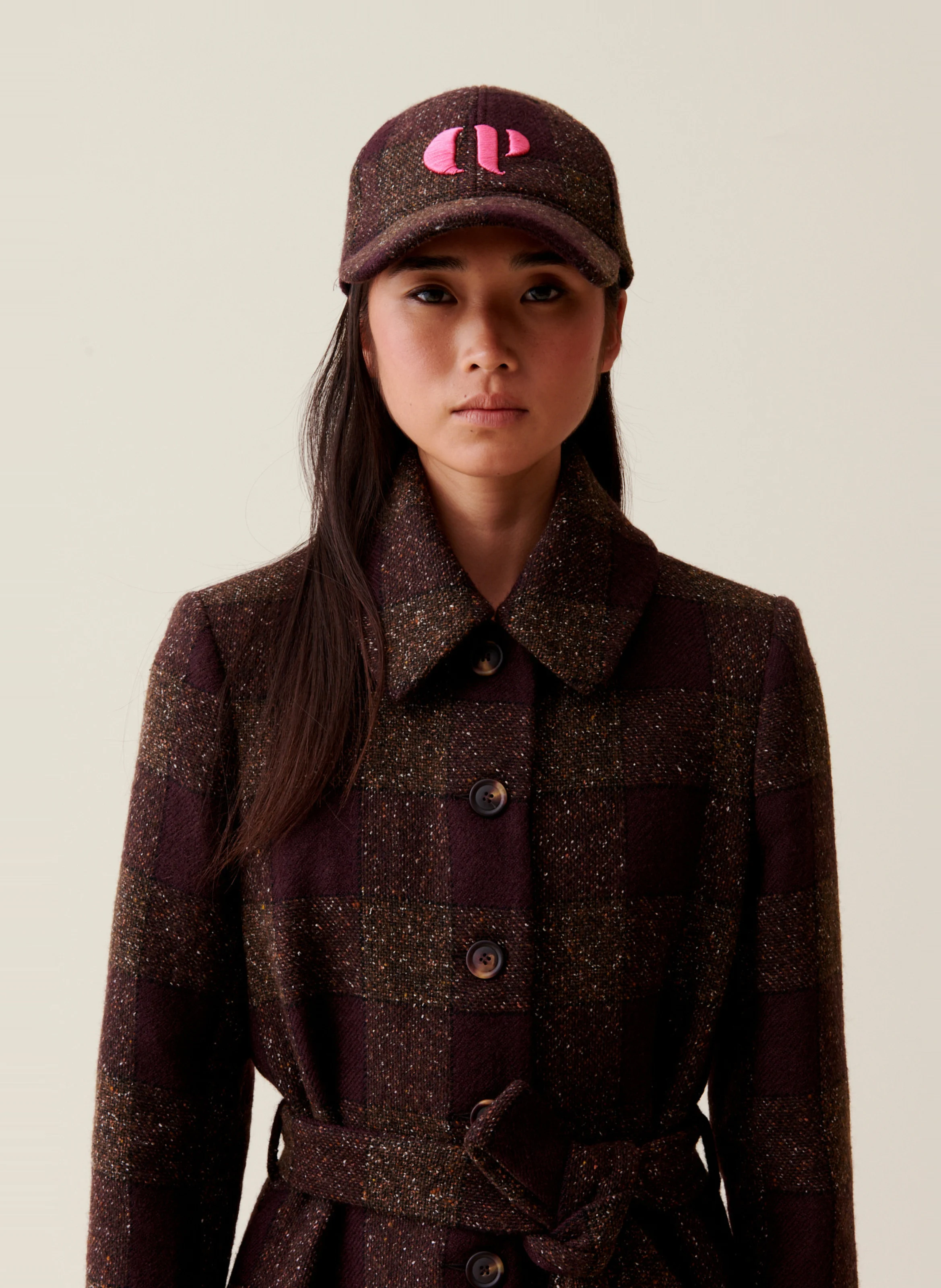 Manteau col classique droit en laine et coton mélangé | Multicolore