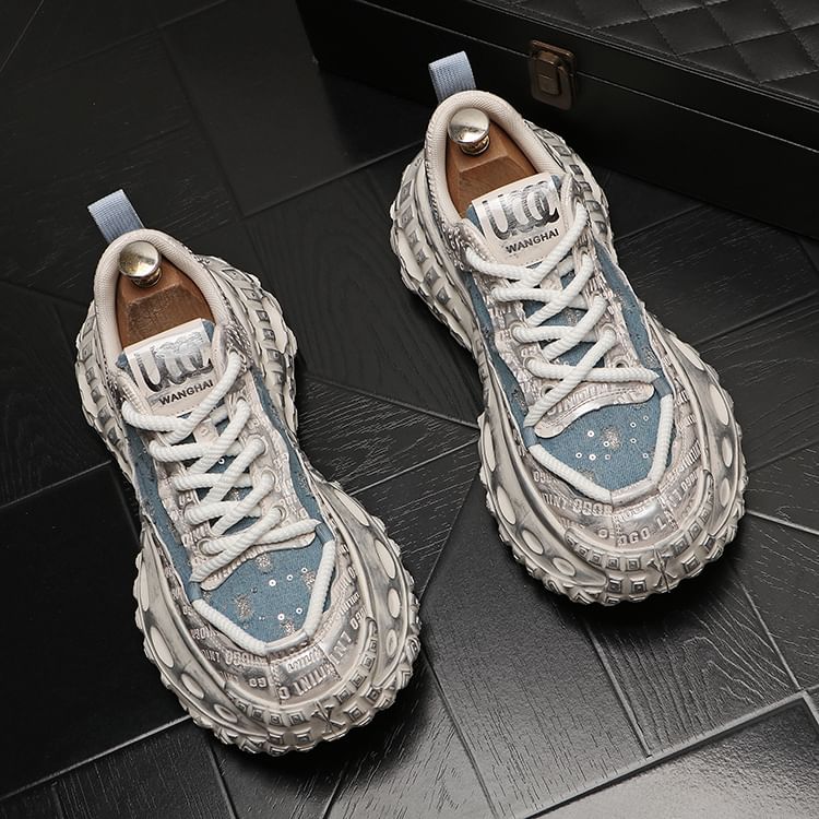 Mr Ozera - Platform Sequin Distressed Lace-Up Sneakers