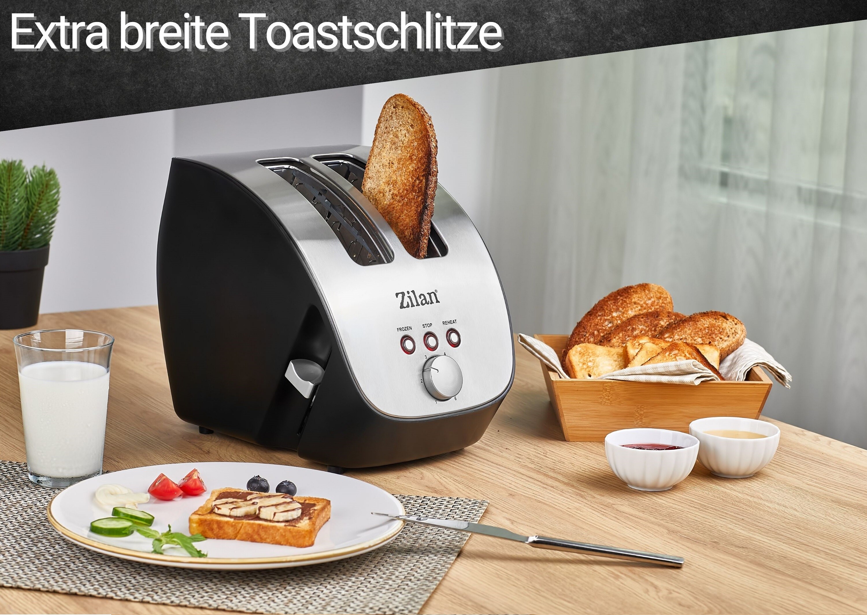 Zilan Schrägtoaster 2 Scheiben Toaster 1000W Edelstahl