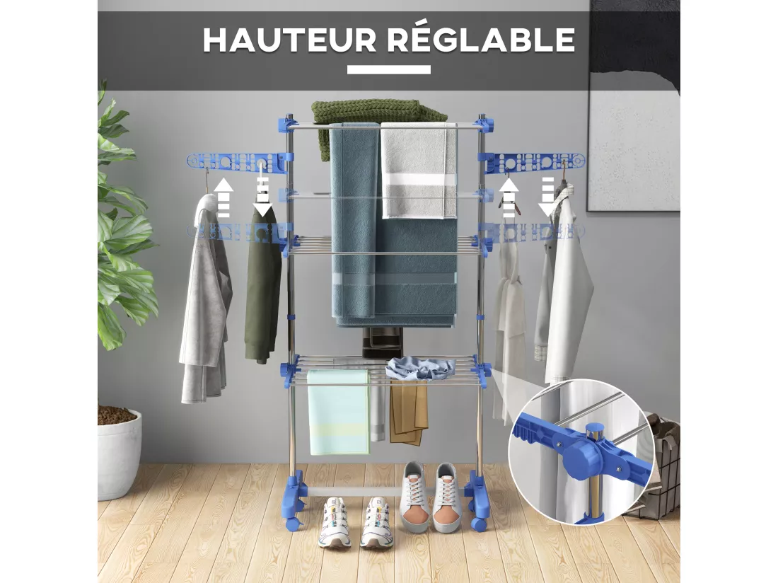 Séchoir à linge étendoir pliable ailes latérales 3 niveaux acier inox PP bleu