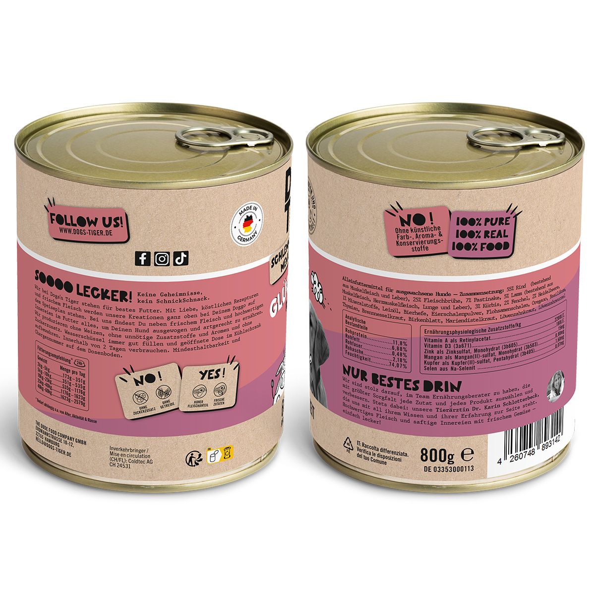Dogs’n Tiger Adult Hundefutter, Glücksbringer, Nassfutter, Getreidefrei, Rind & Lamm