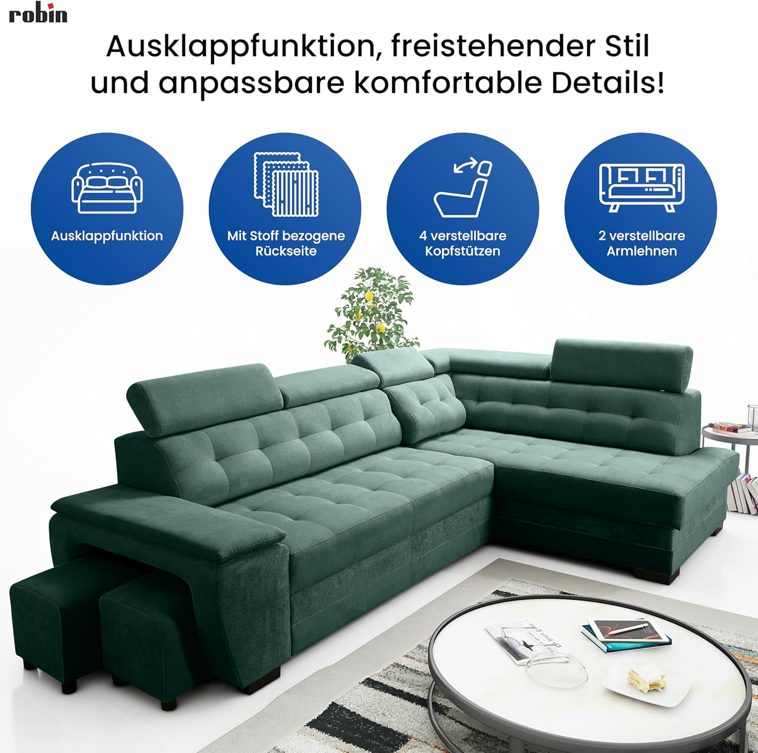 Robin Grand Ecksofa mit Schlaffunktion Bettkasten Kopfstützen Relaxfunktion 2 Hocker Sofa L-Form Schlafsofa Freistehende Eckcouch Schlafcouch Wohnzimmermöbel Wohnlandschaft Links Silver Anthracite