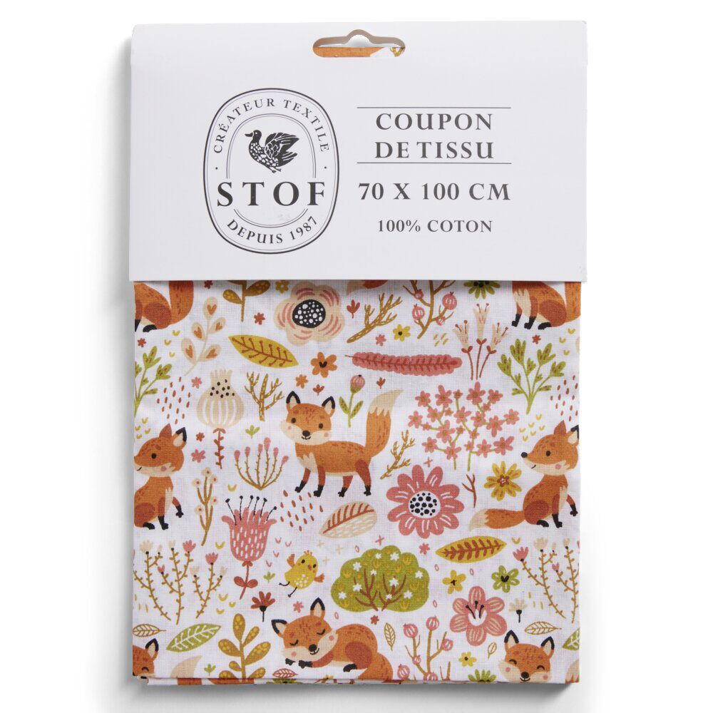 Coupon tissu imprimé Foxy Roux 70x100cm coton blanc, rose et orange