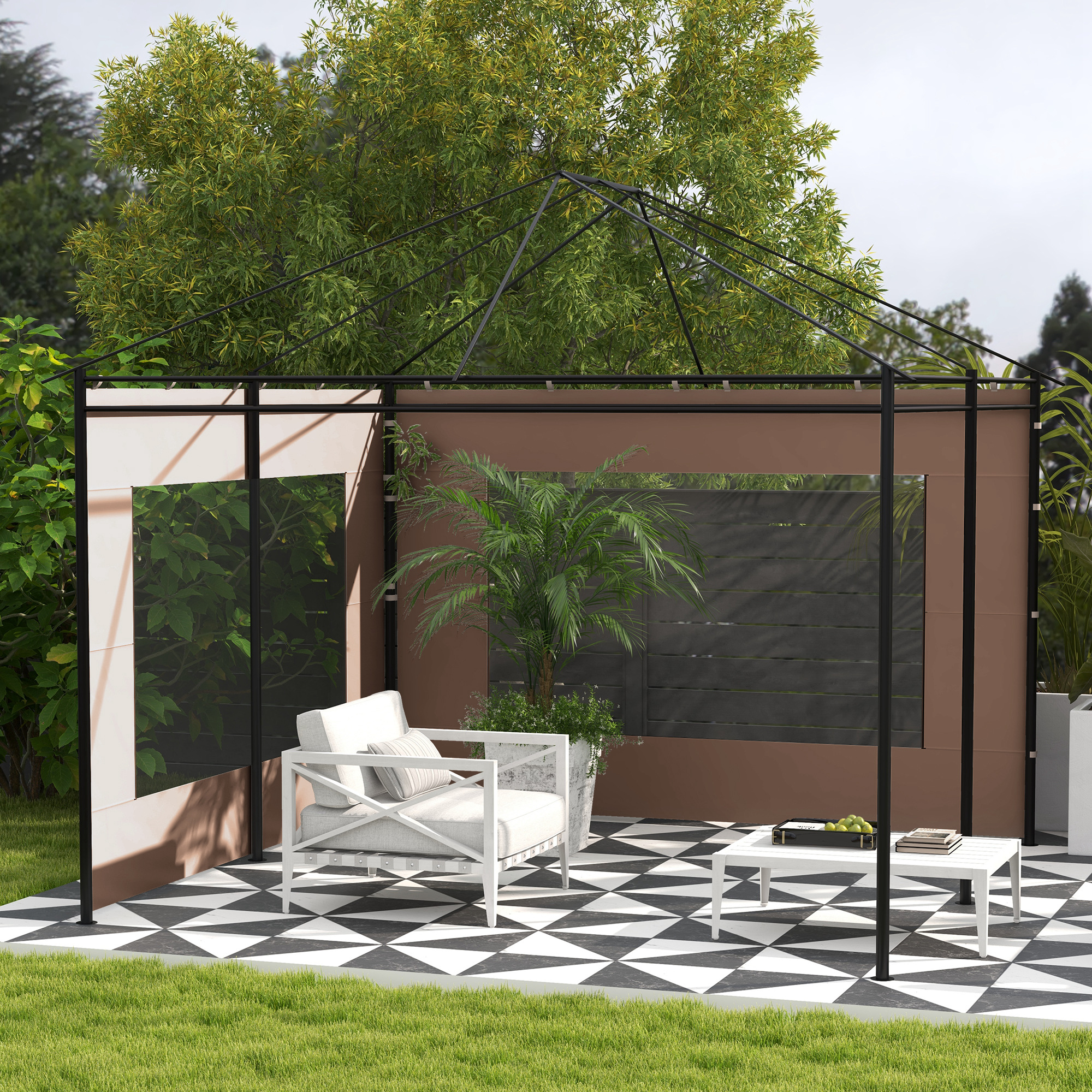 Paredes laterais de substituição Outsunny de 2 painéis, 295x195 cm, em tecido Oxford, com janela, para tendas de 6x3 m e 3x3 m, castanhas.