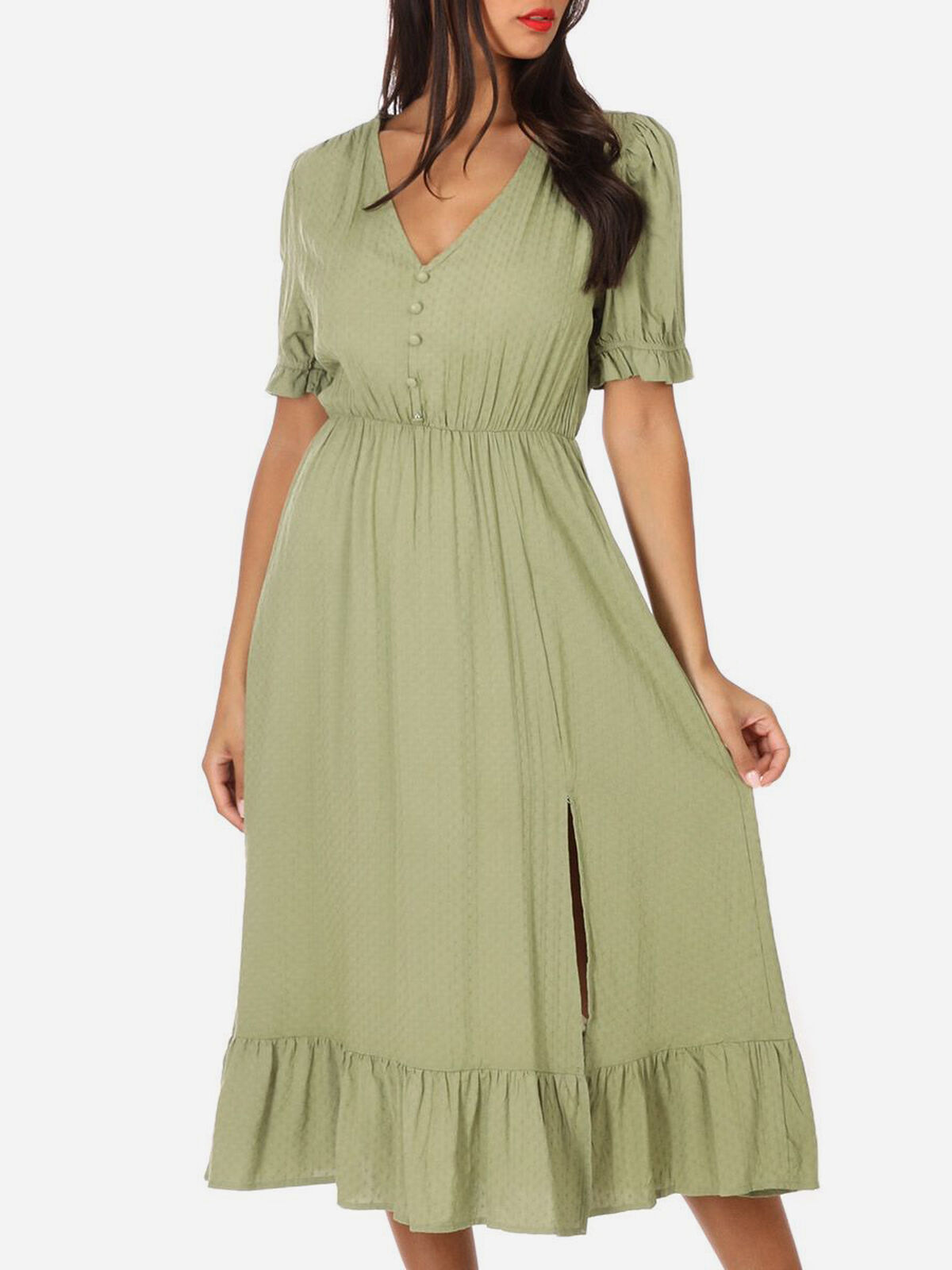 Robe longue à fente et volants- Vert
