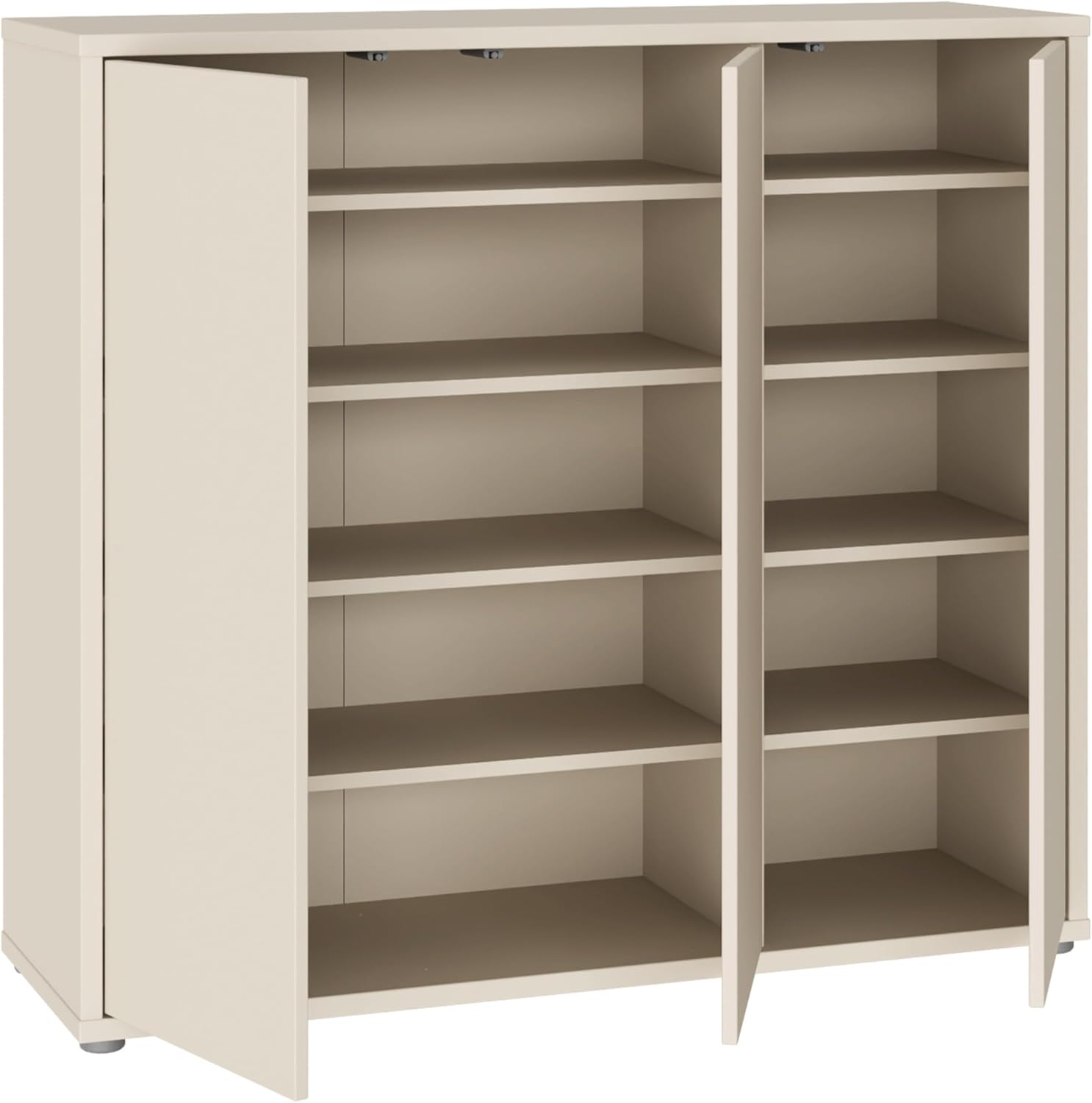 Forte Alice Springs Schuhschrank 100 110, Flurschrank mit 3 Türen und 8 Einlegeböden, Holzwerkstoff, Kaschmir Beige, 109,2 cm breit x 99,1 cm hoch x 34,9 cm tief