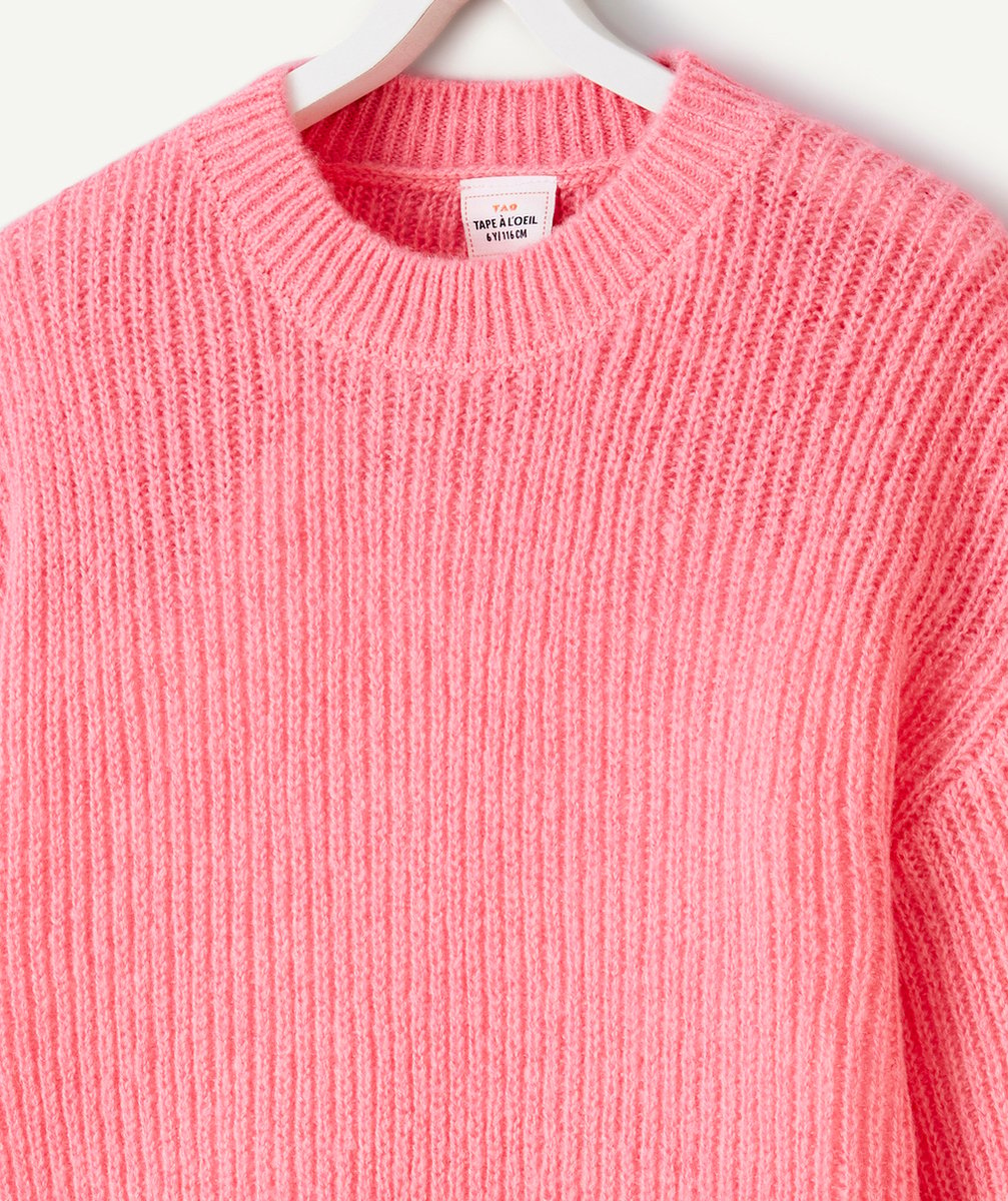PULL LARGE FILLE EN TRICOT ROSE À MANCHES LONGUES