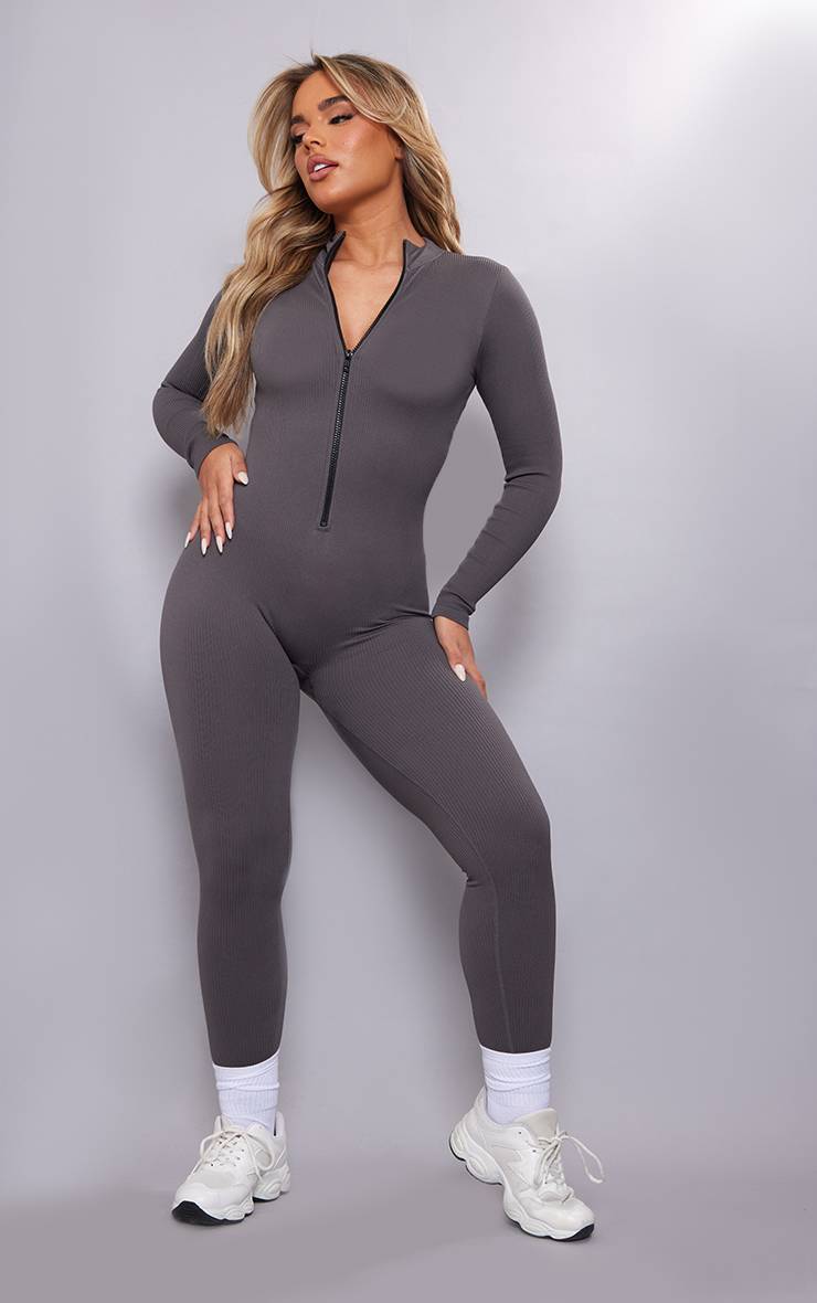 Gris Ardoise Combinaison Côtelée Structurée À Zip Avec Effet Sculptant