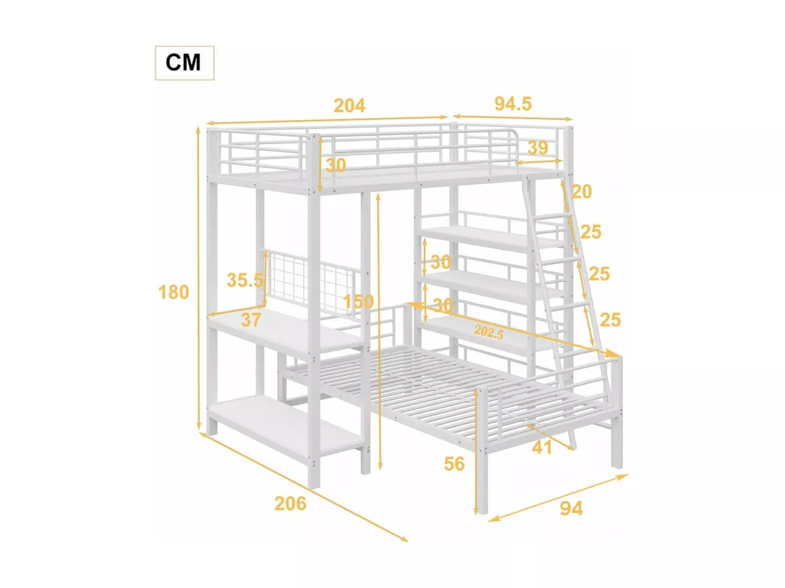 Lit superposé, cadre en métal, lit en mezzanine, 90*200, lit multifonctionnel avec plusieurs compartiments de rangement, blanc