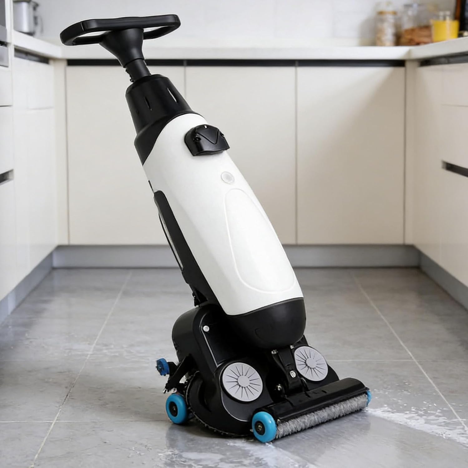 Gewerbliche Scheuersaugmaschine, Mini-Scheuersaugmaschine, 1200 m²/h Reinigungsleistung, Akku-Scheuersauggerät, Handbetrieben Scheuersaugmaschine mit Doppelbürsten (350 U/min) für Supermärkte White