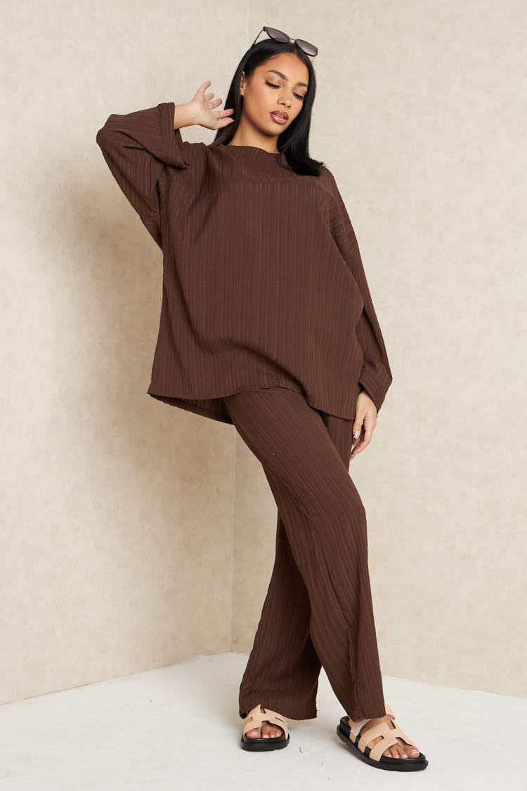 Ensemble 2 pièces pull fin + pantalon à rayures marron