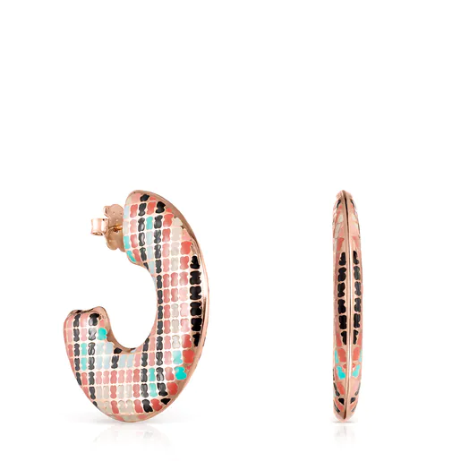 Brincos de argola em formato de disco com banho de ouro rosa 18k sobre prata xadrez.