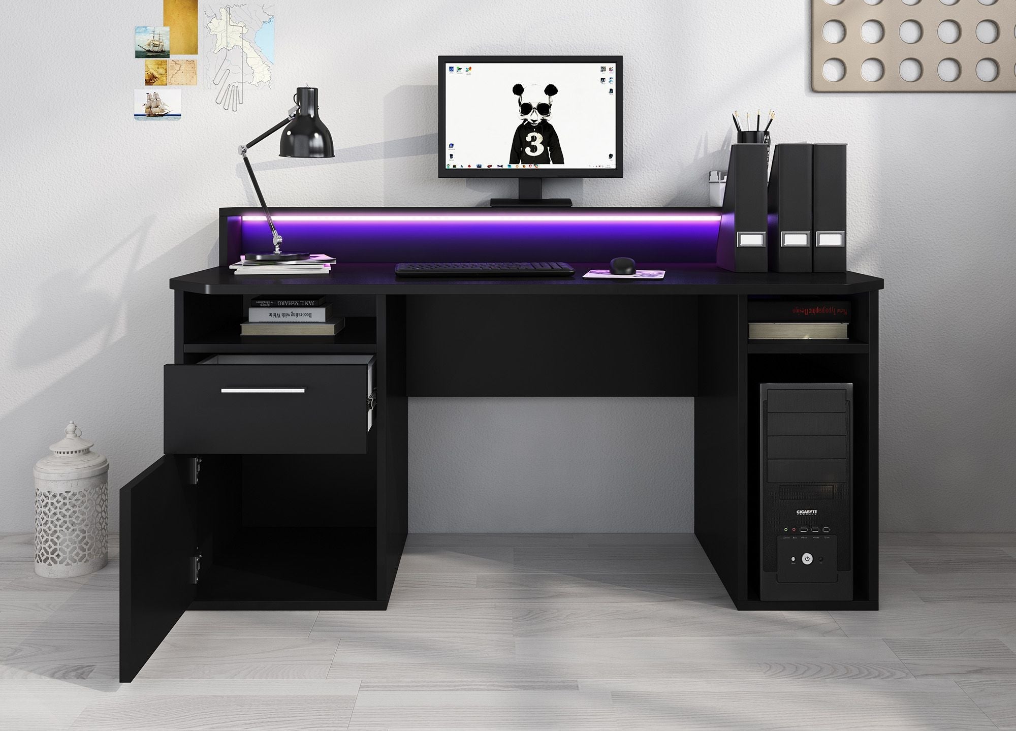 Meubella - Bureau Tamara 3 - Zwart - 160 cm - Met LED