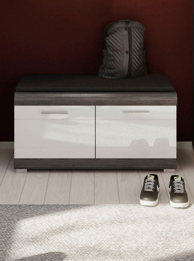 INOSIGN Sitzbank »SIENA, Breite 90 cm, 2 Türen, 2 Einlegeböden, 4 Fächer« hochwertige Rillenfräsung in MDF Front, 1 Stk. tlg. Garderobenbank, Dielenbank, Bank, Flurbank, Kommode