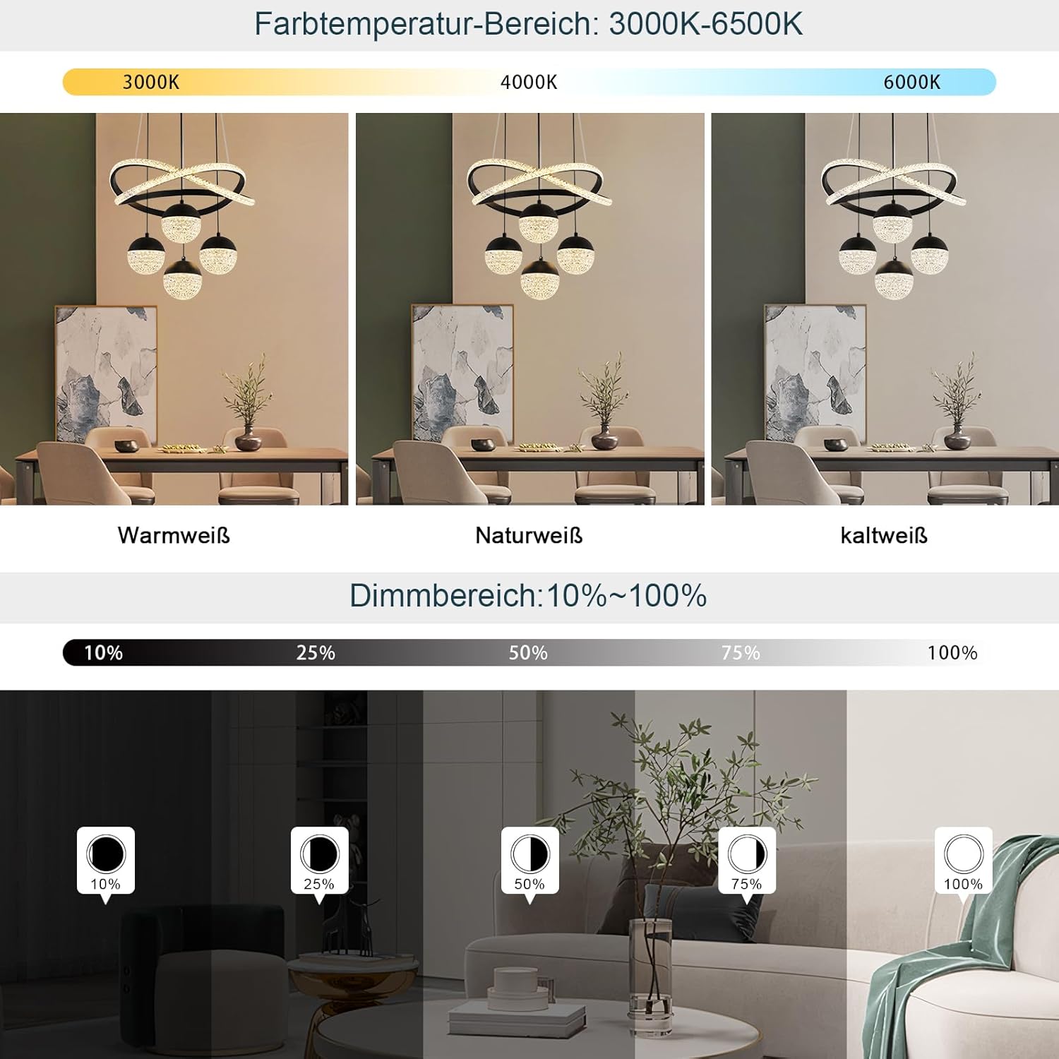 LED Pendelleuchte Schwarz dimmbare mit Fernbedienung 3000k-6500k Moderne 4 Ball Kristall Hängelampe 54W Esszimmerlampe hängend höhenverstellbar Esstischlampe für Wohnzimmer Esszimmer Schlafzimmer