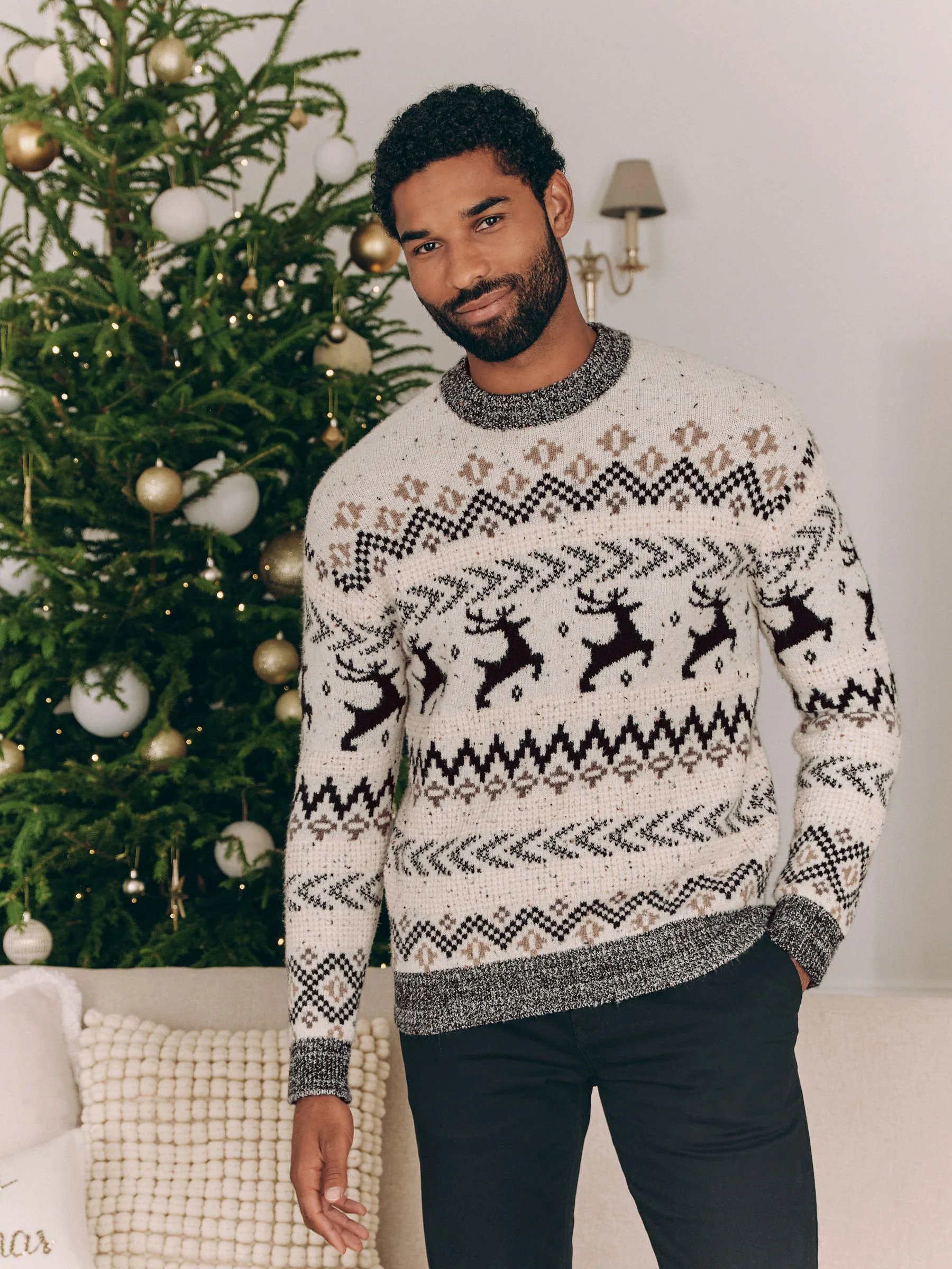 Zwart/wit - Matching Family kersttrui voor heren met Fairisle-patroon en hertmotief