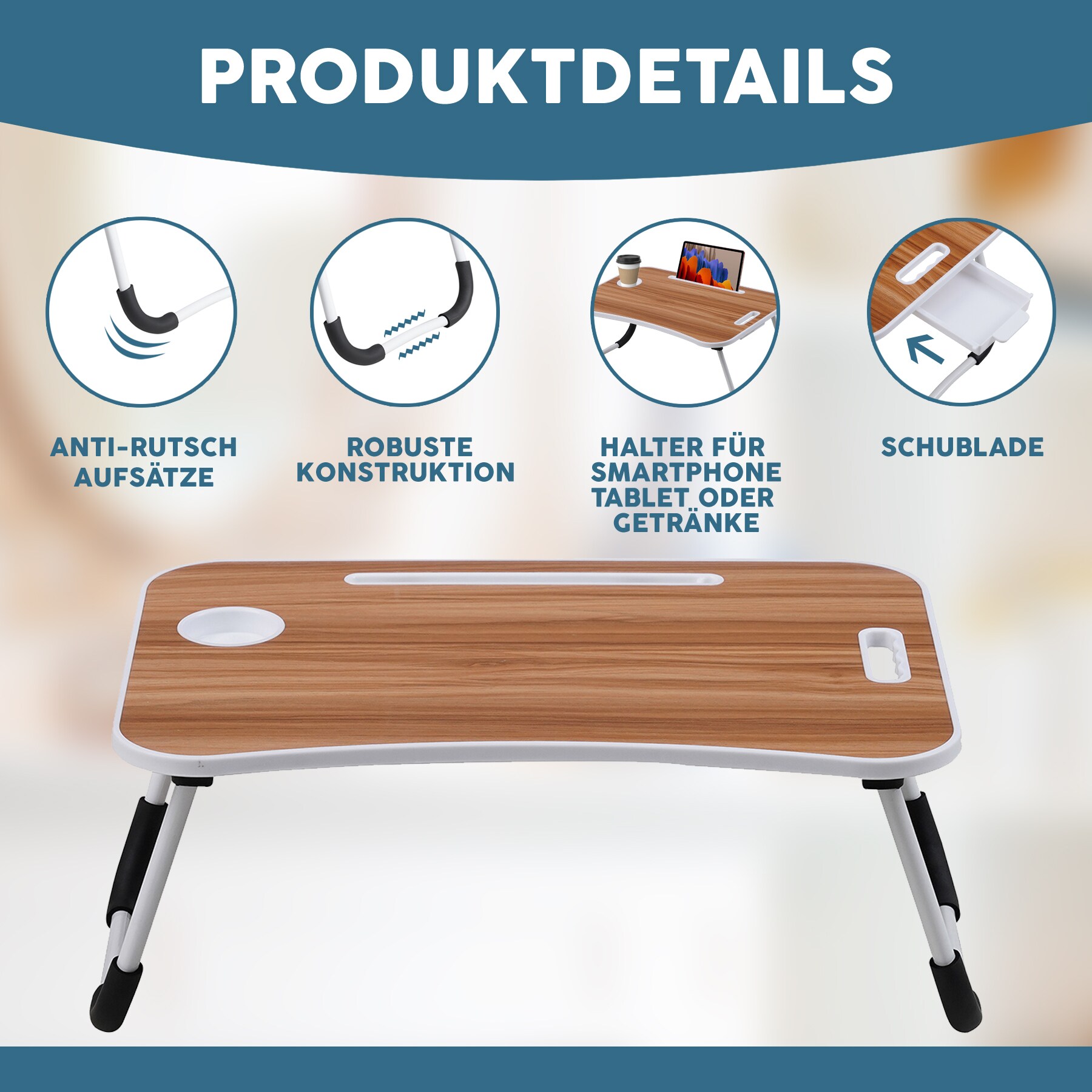 Albatros Laptoptisch für Bett mit Schublade FLIP - Laptop Tisch/Tablett, div Farben Holz, klappbar - Laptop Tisch für Couch/Sofa oder Laptop Ständer für Bett mit Handy/Tablet-Halter (Eiche)