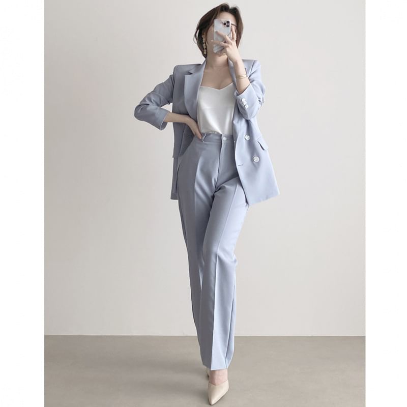Yilda - Set: Dubbelrijs effen blazer + pantalon