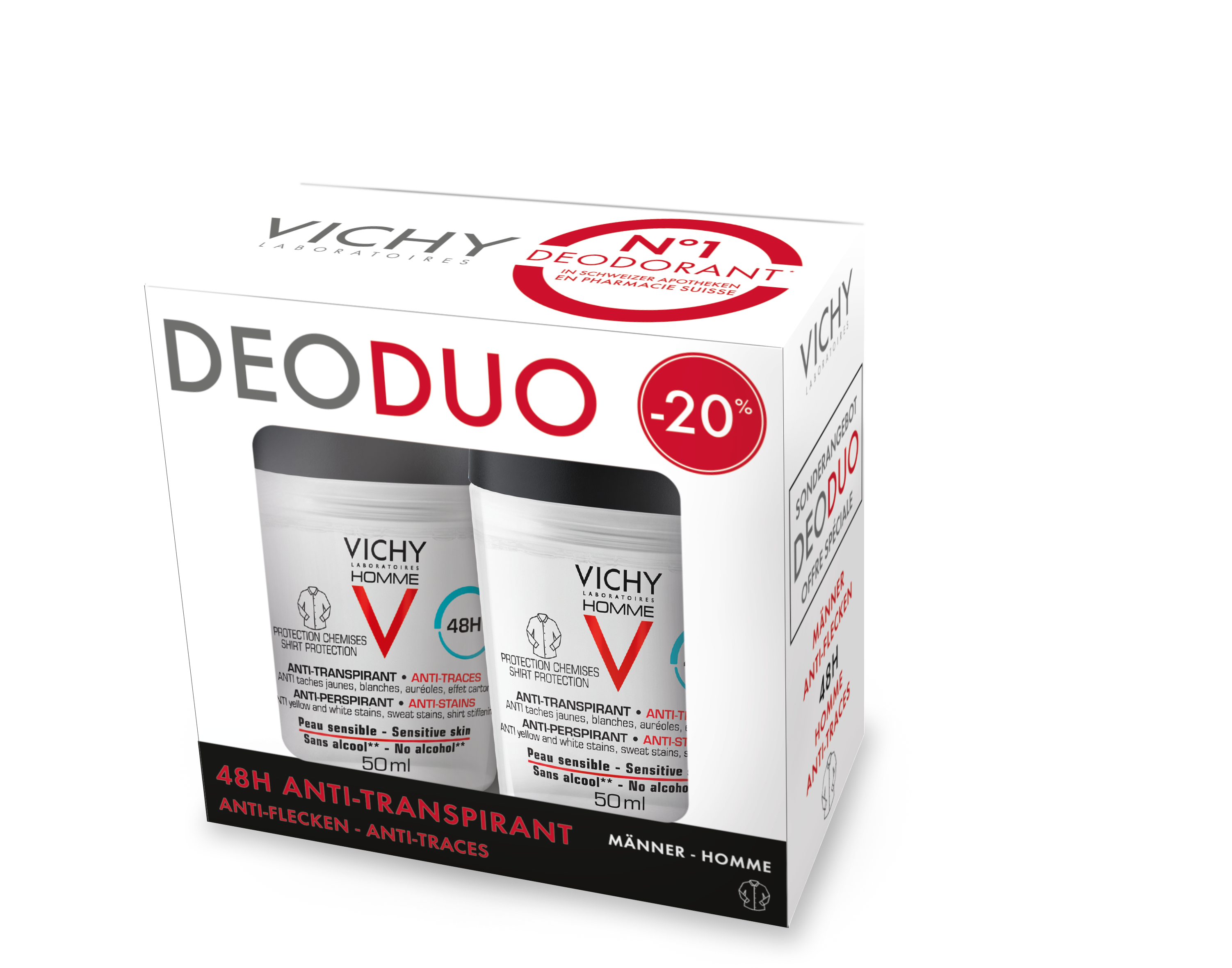 Vichy Homme Deo Anti-Flecken 48h<br>2 × 50 ml, Roll-on, Duo -20%