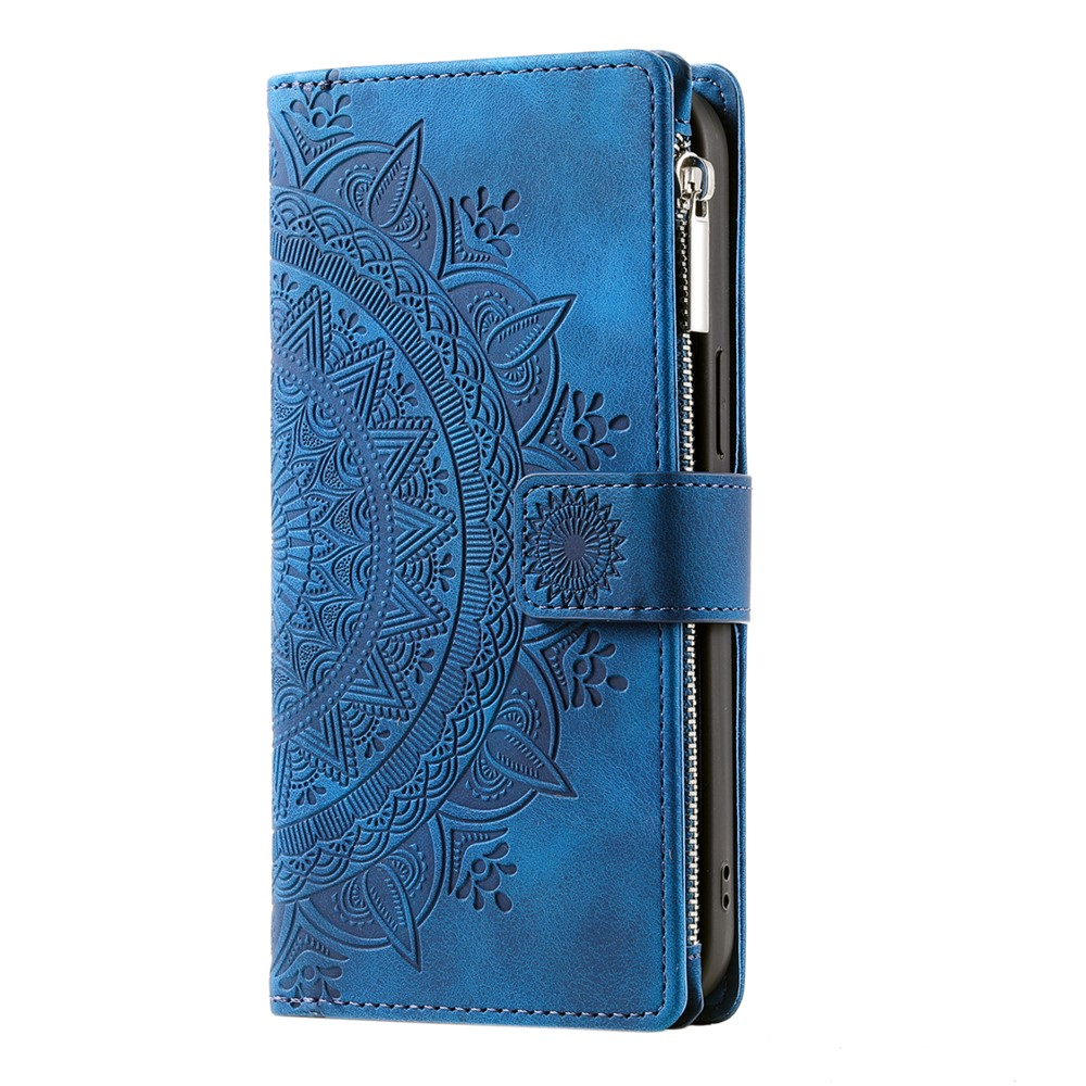 Samsung Galaxy S25 FE Leder Tasche Flip Cover mit Reissverschluss - Mandala Flowers Imprint - Blau