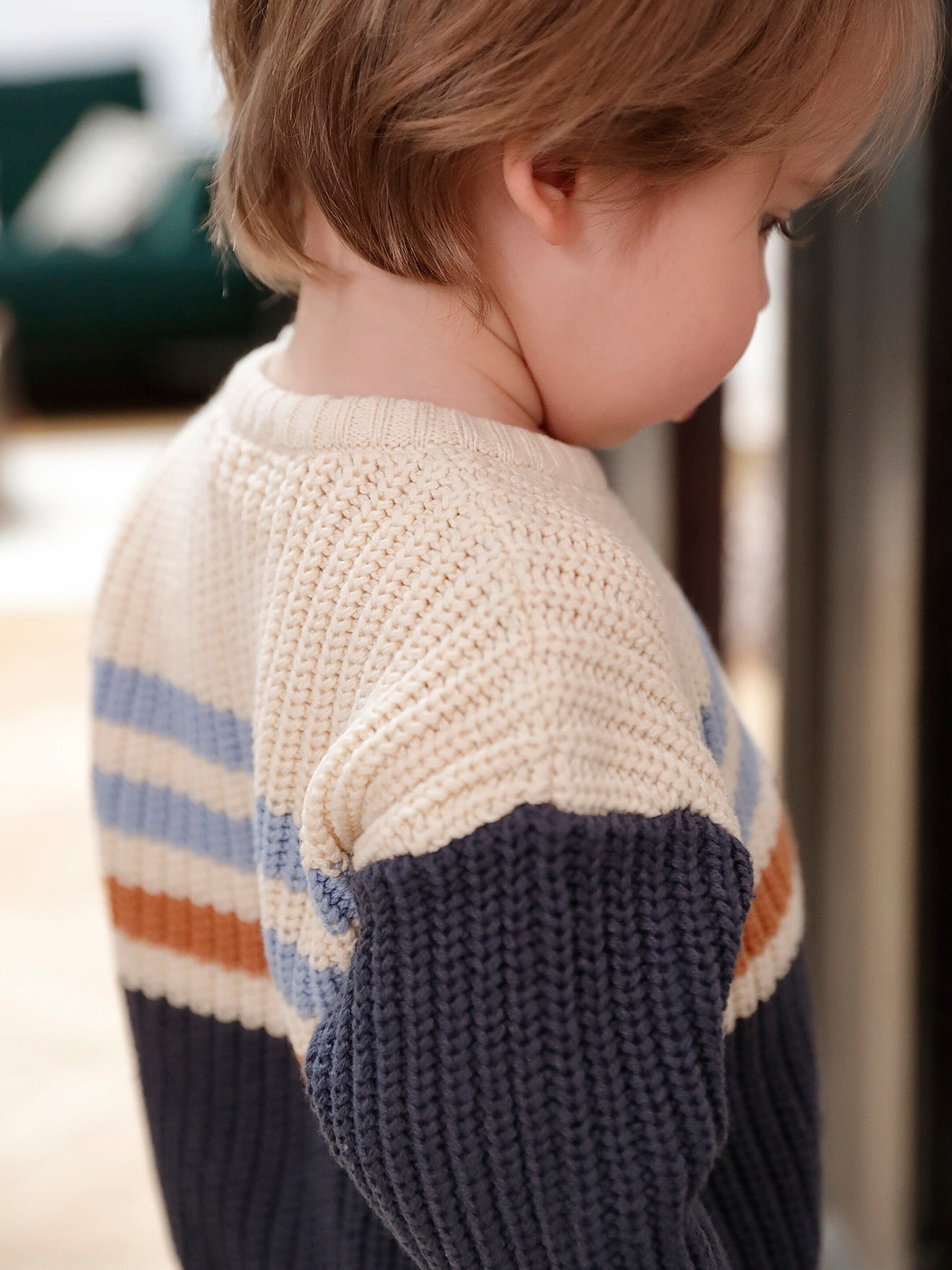 Vertbaudet Gestreifter Jungen Baby Pullover mit Knöpfen schieferblau