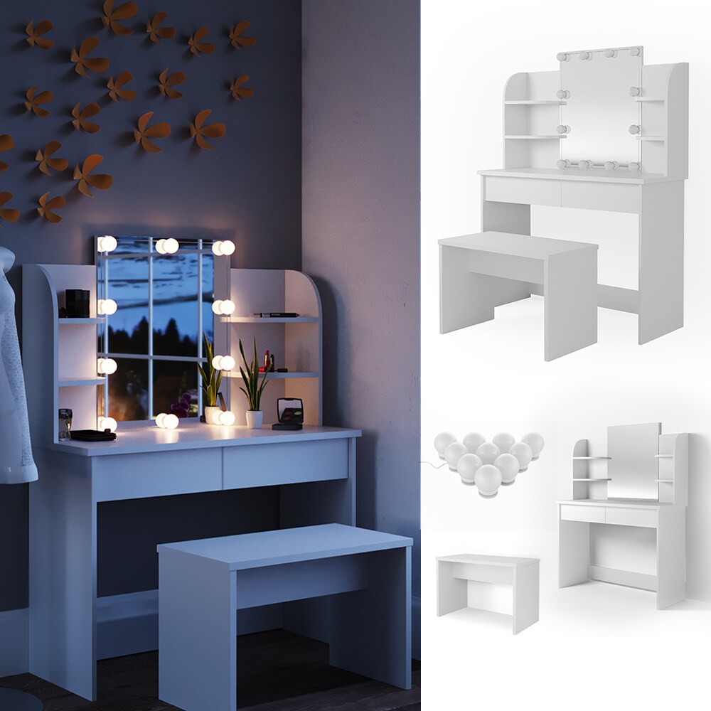 Vicco Schminktisch Charlotte Frisiertisch Frisierkommode Kosmetiktisch Weiß mit Bank und LED-Lichterkette