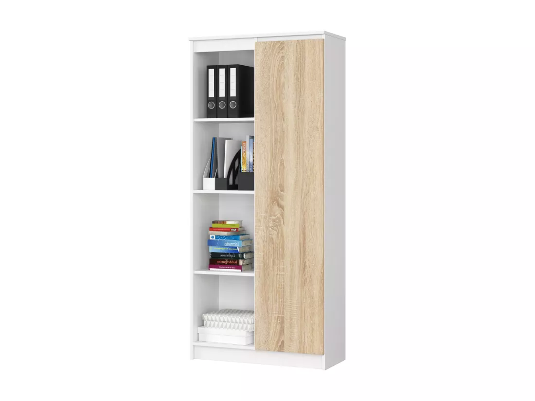 Bibliothèque de bureau AKORD R80 Blanche 80 cm 1 porte façade Chêne Sonoma mat 8 étagères 80x35x180 cm