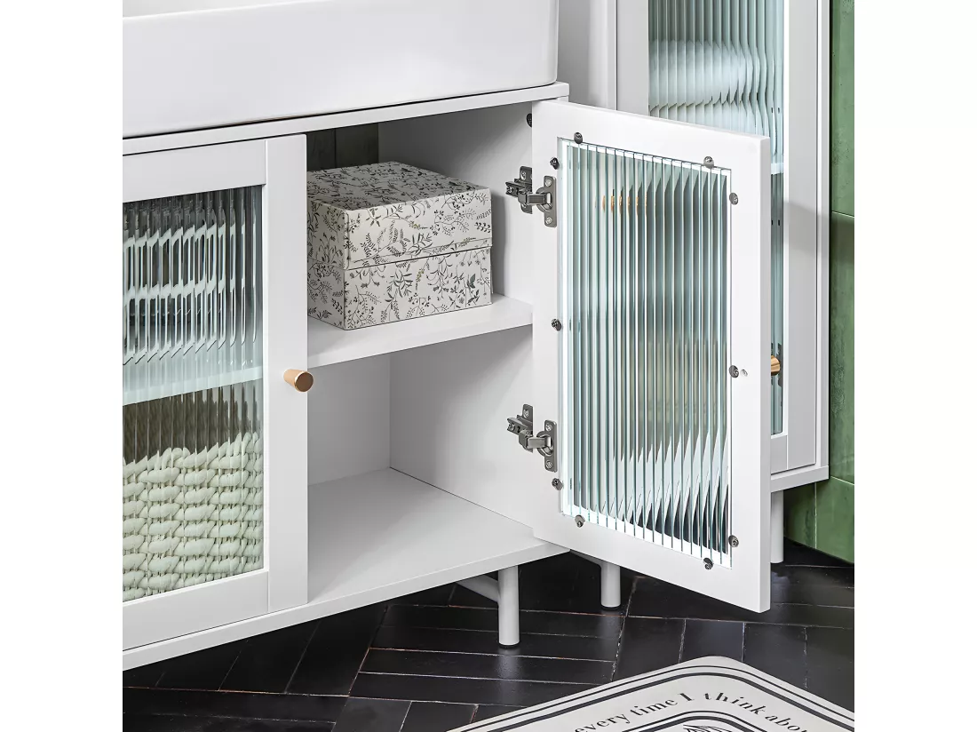 SoBuy BZR115-W Meuble sous Lavabo Salle de Bain, Meuble sous Évier, Armoire de Rangement pour Vasque sur Pieds avec 2 Portes en Verre, Blanc