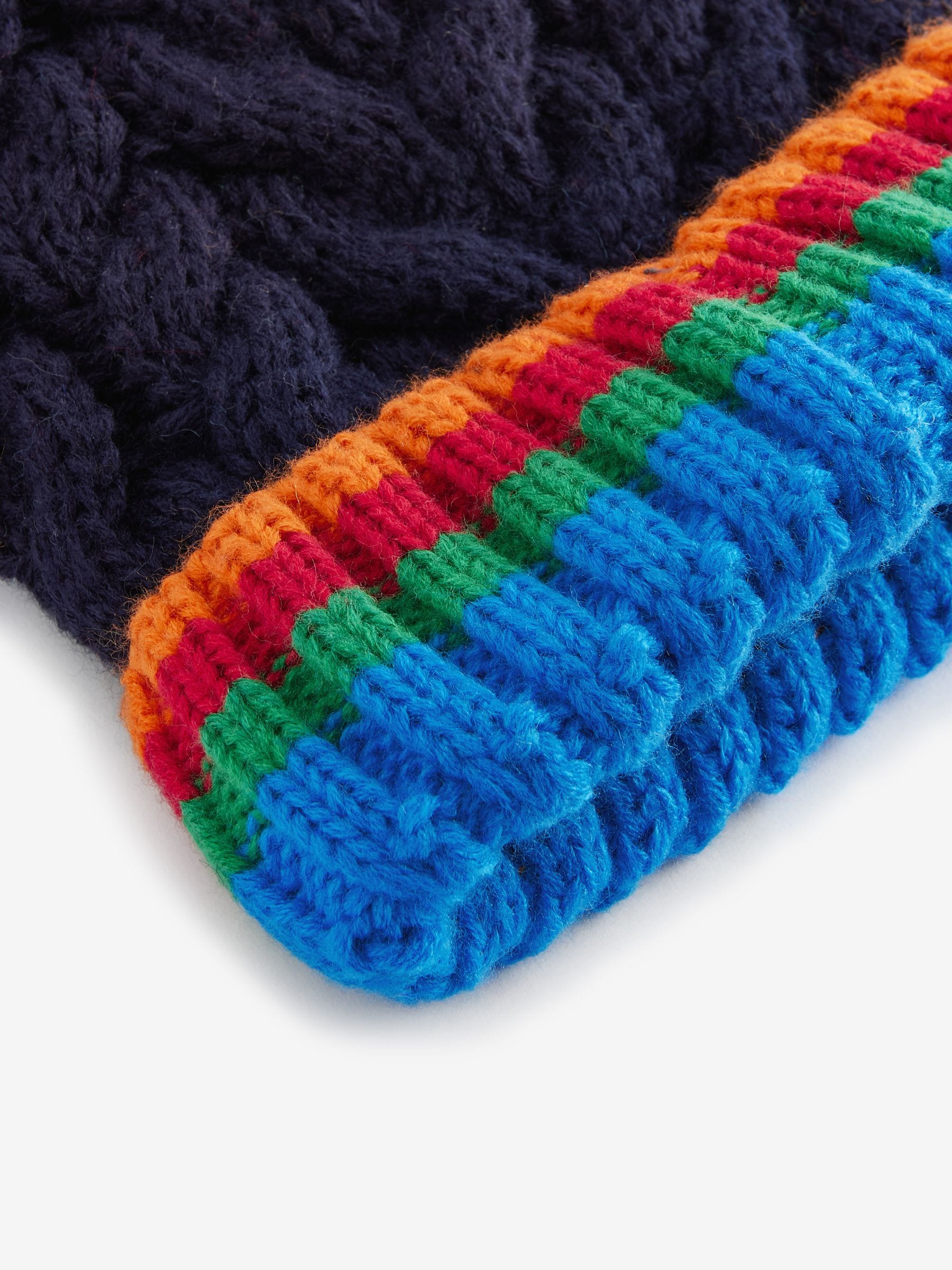 Marineblauw regenboog geribbeld - Beanie-muts met pompon (3mnd-16jr)