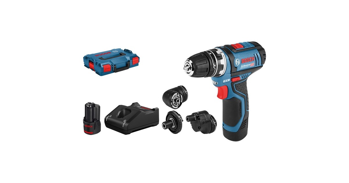 BoschAccuschroefboormachine GSR 12V-15 FC Professional  (Blauw/zwart, L-BOXX, opzetstukken, oplader en 2 accu's inbegrepen )